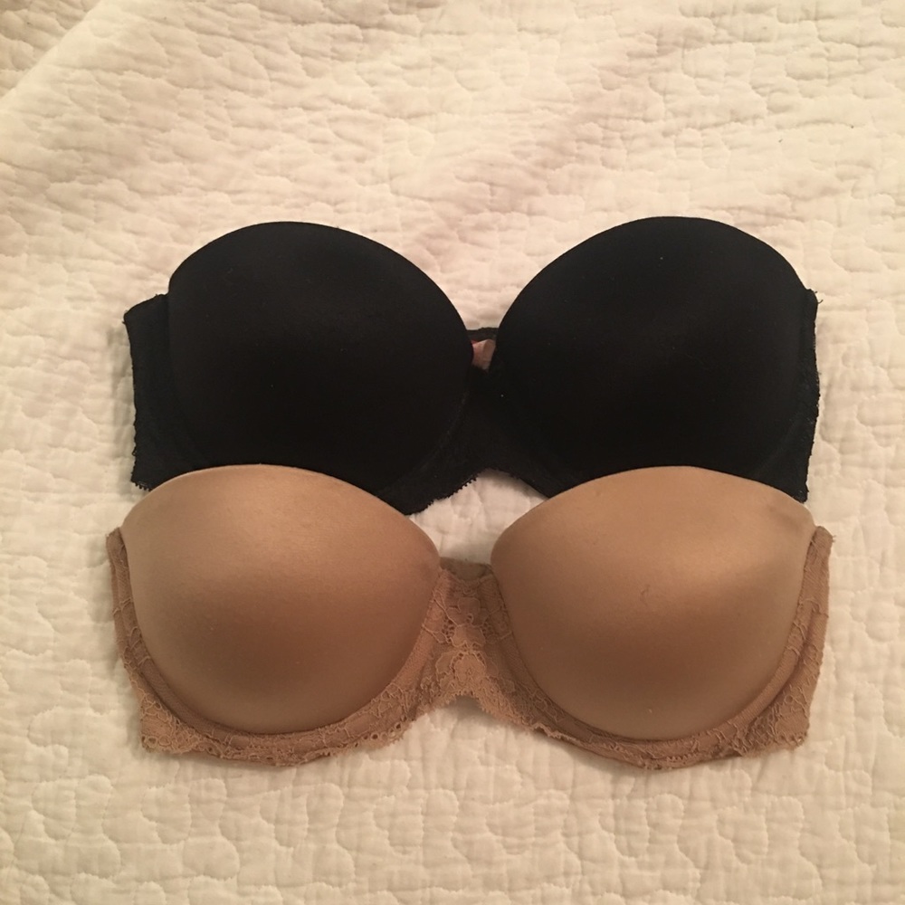 2 VS PINK strapless bras 32C nude and black